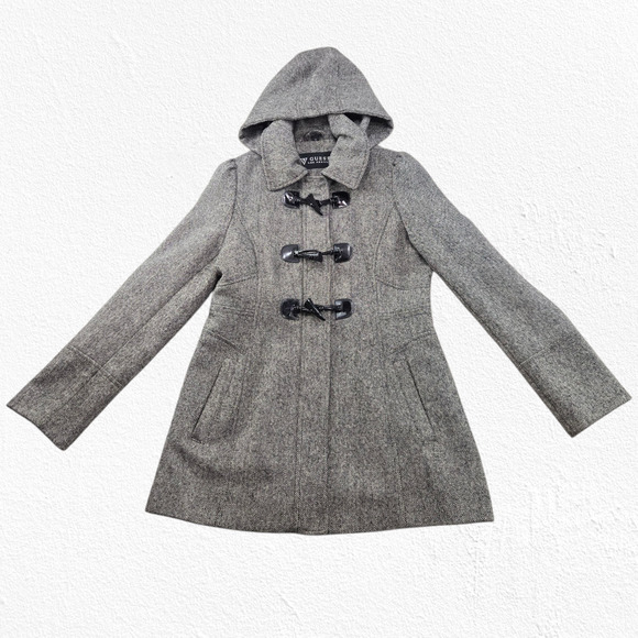 Guess Gray Wool Blend Toggle Tweed Coat Hooded Short Peacoat Size Medium - Picture 6 of 10